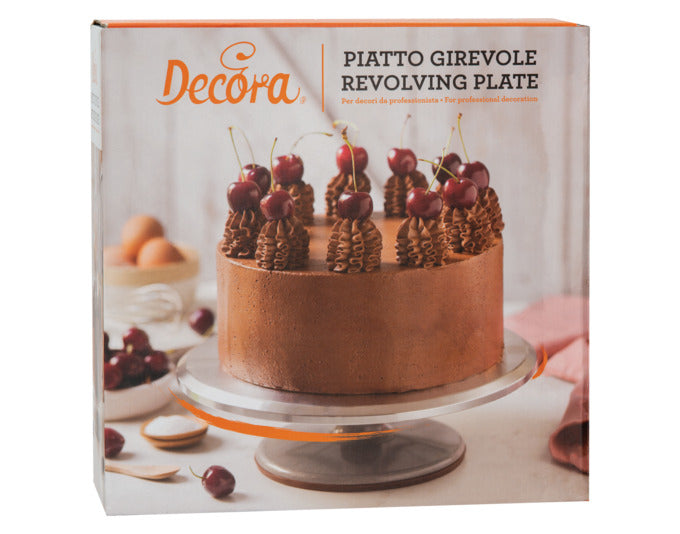 Entdecken Sie die DECORA drehbare Tortenplatte aus Aluminium (ø 31x9.5 cm) – ideal für perfekte Tortendekorationen mit rutschfester Basis.
