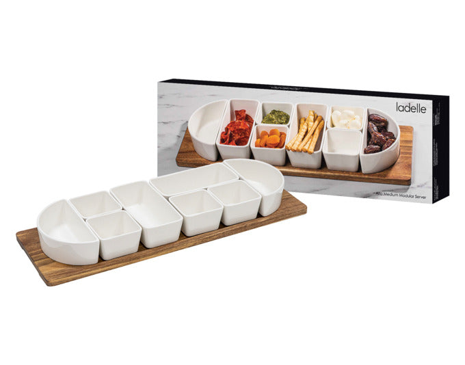 Entdecken Sie das vielseitige 9-teilige Schalenset Alto Serve & Share von LADELLE. Ideal für gesellige Anlässe und stilvolles Servieren. Maße: 60,5x21x7 cm.