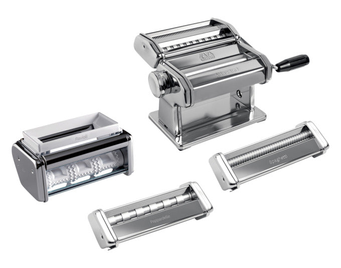 MARCATO Nudelmaschine Atlas 150 Multipast Set 3 Zubehör Spaghetti, Pappardelle Lisce, Ravioli in präsentiert im Onlineshop von KAQTU Design AG. Küchengerät ist von MARCATO