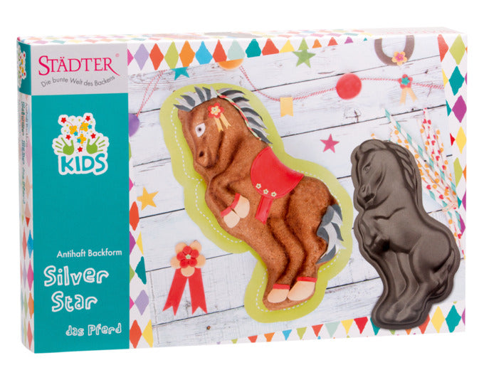 Entdecken Sie die STÄDTER Backform KIDS Silver Star – das perfekte Werkzeug für kreative Kinderbäcker! Ideal für galaktische Kuchen in Pferdeform.