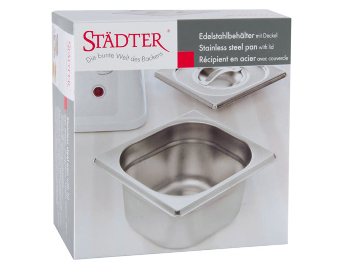 Entdecken Sie den STÄDTER Edelstahlbehälter mit Deckel (16.5x18x10 cm) – ideal für Schokolade, vielseitig einsetzbar und leicht zu reinigen.