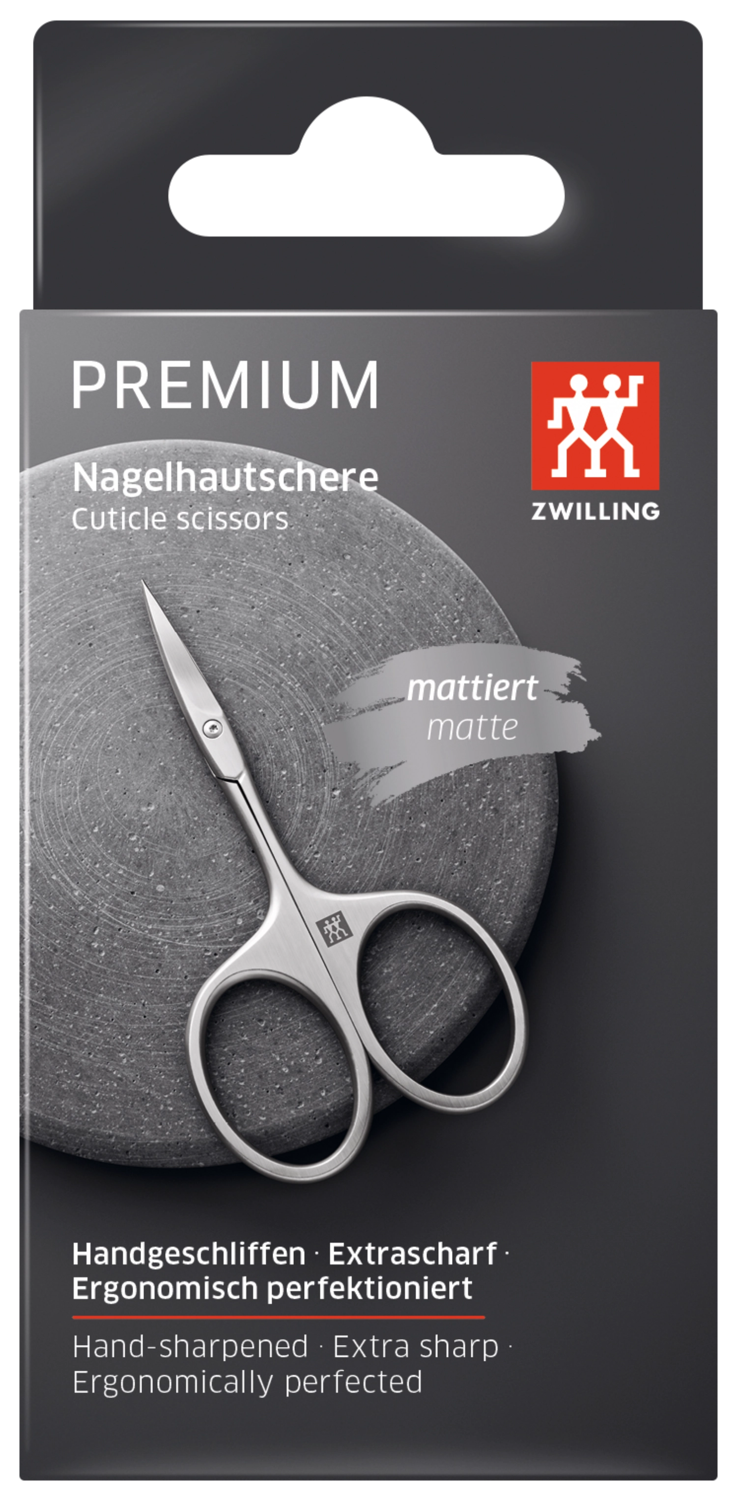 Hochwertige Hautschere von Zwilling Beauty, 90 mm, mit mattierter Oberfläche für exakte Schnitte und professionelle Pflege von Nägeln und Haut.