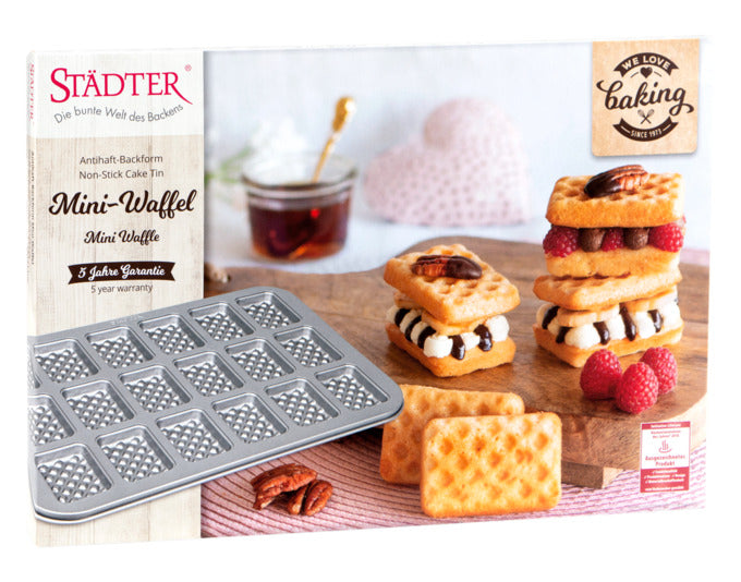 Entdecken Sie das STÄDTER Mini-Waffel-Blech 38x26 cm – ideal für 18 köstliche Waffeln. Perfekt für jeden Anlass und nostalgische Backmomente!