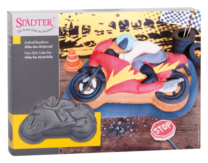 Entdecken Sie die STÄDTER Motivbackform Mike das Motorrad – ideal für kreative Kuchen, die Kinder begeistern! Perfekt für Abenteuer und besondere Anlässe.