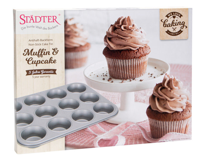 Entdecken Sie das STÄDTER Muffin-/Cupcake-Blech 35x27 cm für 12 köstliche Muffins. Ideal für kreative Backmomente in Ihrer Küche!