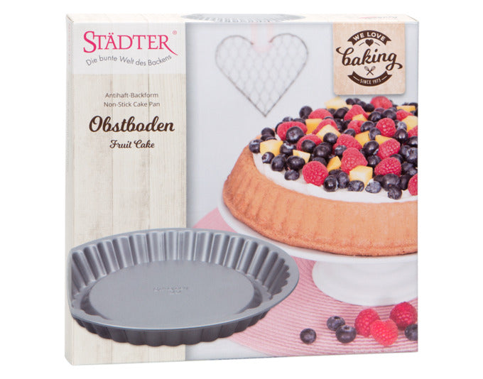 Entdecken Sie die STÄDTER Obstbodenform ø 22x3 cm in elegantem Silber. Ideal für köstliche Obstböden und kreative Backideen. Jetzt bestellen!