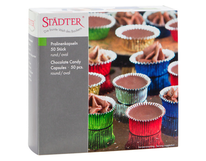 Entdecken Sie die bunten STÄDTER Pralinenkapseln in rund und oval – ideal für kreative Pralinenprojekte! 25 Stück aus hochwertigem Aluminium.