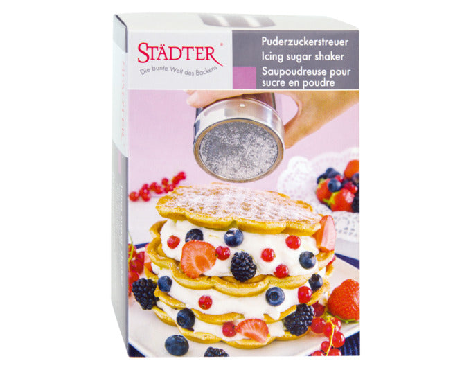 Entdecken Sie den STÄDTER Puderzuckerstreuer mit Deckel (ø 7x9 cm) aus Edelstahl – ideal für präzises Bestäuben und optimale Aufbewahrung!