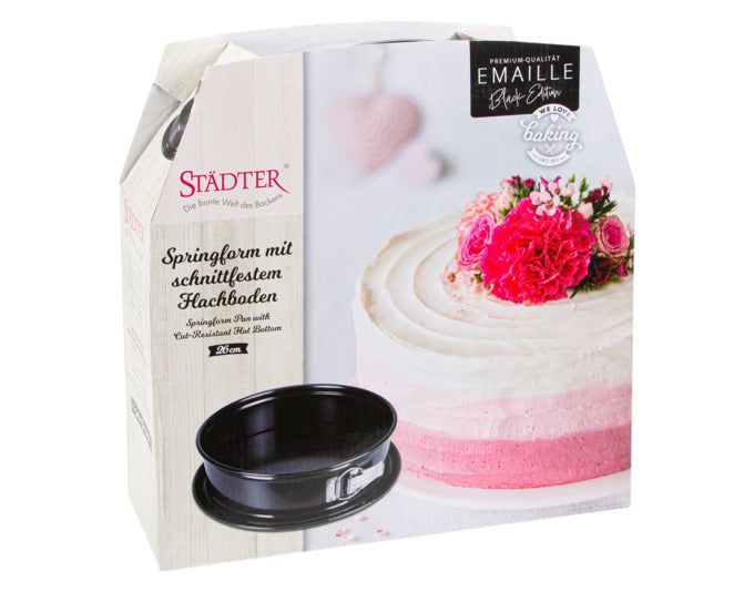 Entdecken Sie die STÄDTER Springform Emaille ø 26x7 cm Black Edition – ideal für perfekte Kuchen und Torten. Hochwertige Emaille für beste Backergebnisse!