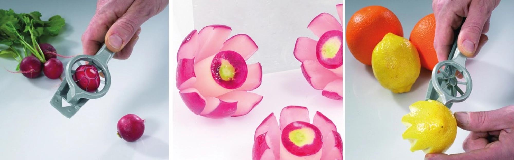 Der Radieschenverzierer Decoretto von Westmark (18x5x3cm) ermöglicht kunstvolle Dekorationen und Garnierungen von Radieschen und Gemüse.