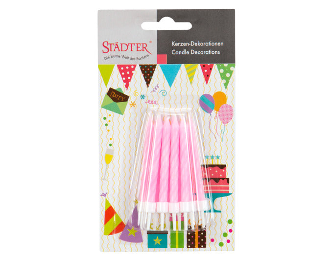 Verleihen Sie Ihrer Feier mit den rosa STÄDTER Geburtstagskerzen (7.5 cm) und Haltern einen festlichen Touch. Ideal für jeden Kuchen!