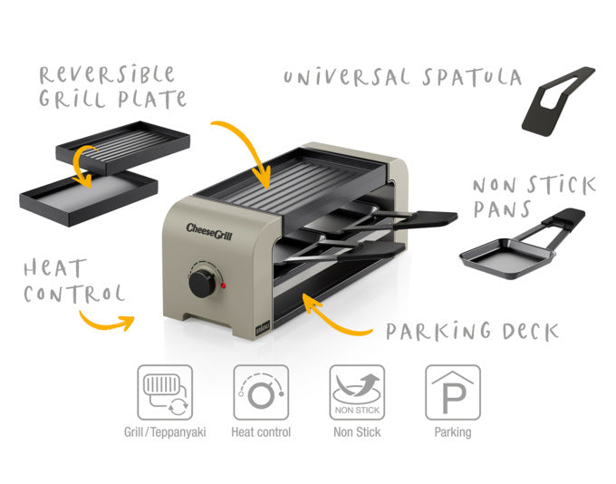 Erleben Sie mit dem STÖCKLI CheeseGrill 2 in Ivory Gold unvergessliche Raclette-Abende zu zweit. Modernes Design, vielseitige Funktionen und einfache Reinigung machen ihn zum perfekten Küchenhelfer.