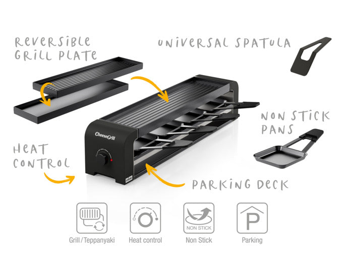 Entdecken Sie den STÖCKLI CheeseGrill 4 in elegantem Schwarz – ideal für gesellige Raclette- und Grillabende mit bis zu vier Personen.