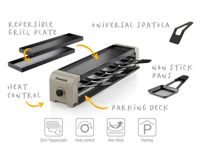 Entdecken Sie den STÖCKLI CheeseGrill 4 in elegantem ivory gold – der perfekte Racletteofen für gesellige Abende mit Freunden und Familie.
