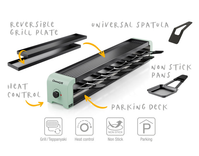 Entdecken Sie den STÖCKLI CheeseGrill 6 in mint green – ideal für gesellige Raclette-Abende mit bis zu 6 Personen. Modernes Design, vielseitige Grillplatte und einfache Handhabung.