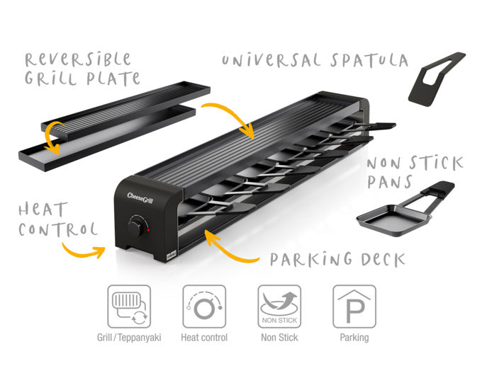 Entdecken Sie den STÖCKLI CheeseGrill 6 in elegantem Schwarz – ideal für gesellige Raclette-Abende mit bis zu 6 Personen. Vielseitig, funktional und leicht zu reinigen!