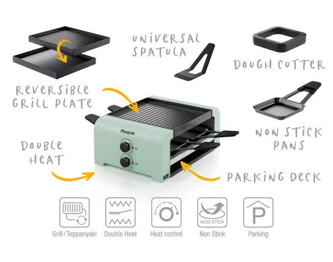 Entdecken Sie den STÖCKLI PizzaGrill 4 in mint green – das ideale Tischgrillgerät für gesellige Abende mit Mini-Pizzas und Raclette! Vielseitig und benutzerfreundlich.