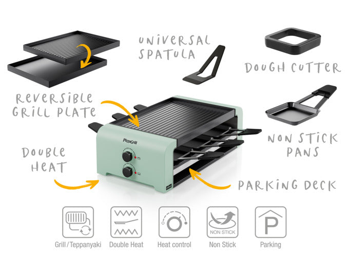 Erleben Sie mit dem STÖCKLI PizzaGrill 6 in mint green unvergessliche Kochabende! Ideal für bis zu sechs Personen, vielseitig einsetzbar und perfekt für Mini-Pizzas und Raclette.