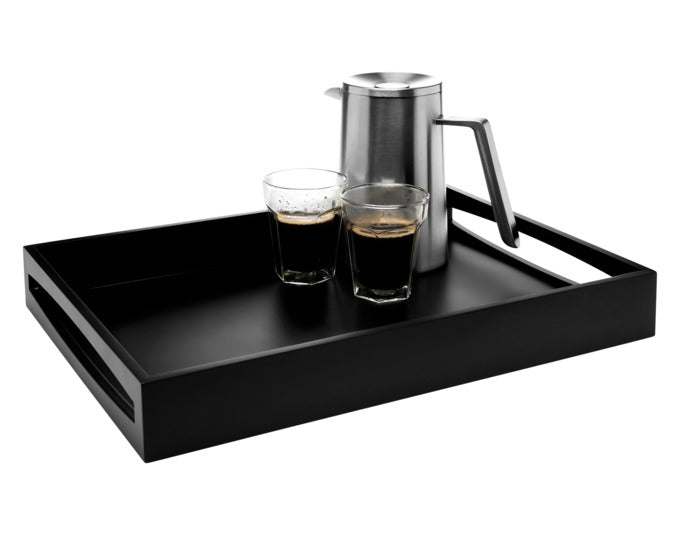 Schwarzes Serviertablett von LEOPOLD, 40x30x6 cm, aus robustem MDF. Perfekt für stilvolles Servieren und vielseitige Dekoration im Alltag.