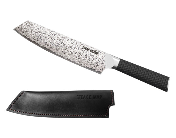 STEAK CHAMP Kochmesser Damast, inkl. Lederholster in präsentiert im Onlineshop von KAQTU Design AG. Küchenmesser ist von STEAK CHAMP