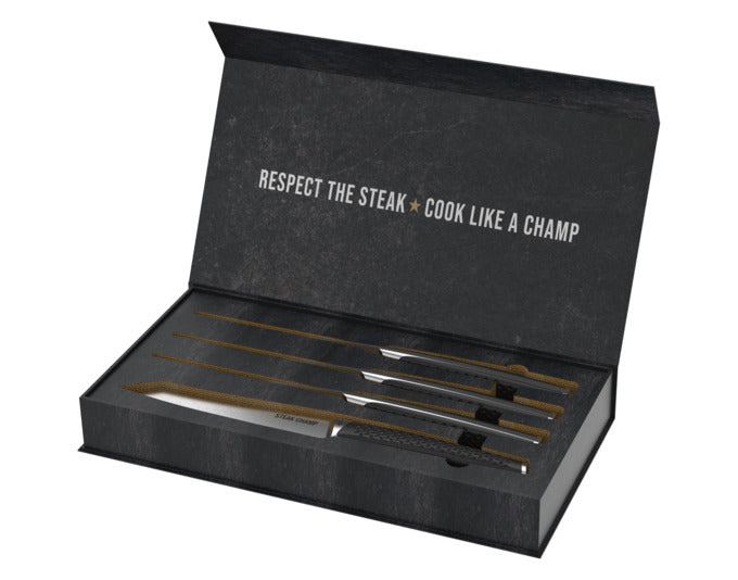 Entdecken Sie das STEAK CHAMP Steakmesser-Set Prime Rib – 4 präzise Messer für perfekte Fleischgenüsse. Ideal für Grillabende und als Geschenk!