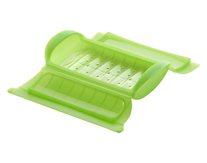 Entdecken Sie den LÉKUÉ Dampfgarer für Mikrowelle in grün, ideal für 1-2 Portionen. Schnell, gesund und aus 100% Platin-Silikon – perfekt für Ihre Küche!