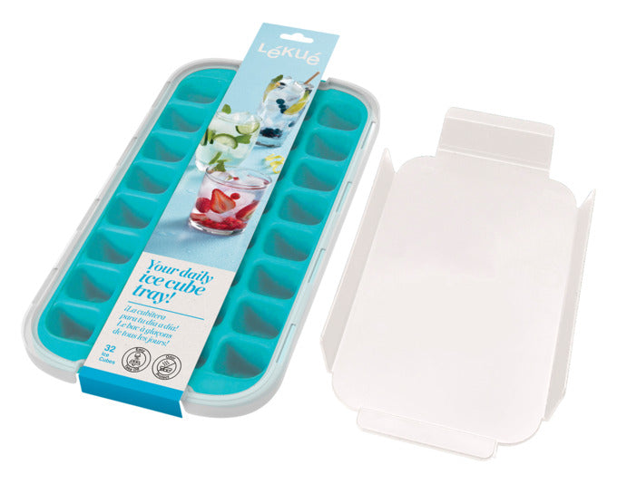 Entdecken Sie die LÉKUÉ Eiswürfelform mit Deckel in Türkis (34x19 cm) – ideal für erfrischende Getränke und perfekte Eiswürfel für jeden Anlass!