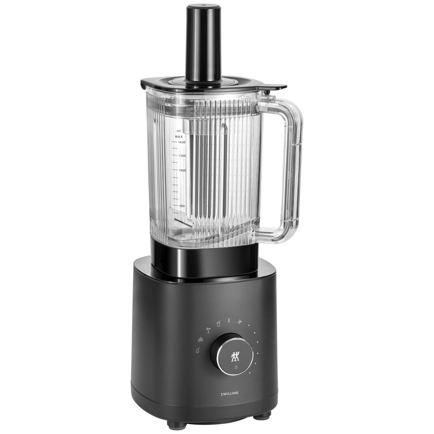 Eleganter Zwilling Kitchen Standmixer in Schwarz mit 1,4 l Fassungsvermögen, perfekt für Smoothies, Suppen und kreative Küchenideen.