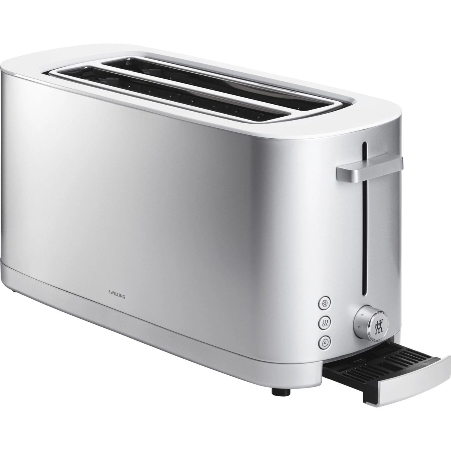 Eleganter Enfinigy Toaster 2x4 von Zwilling Kitchen in Silber, ideal für perfekt geröstete Brotscheiben und frische Brötchen mit praktischem Aufsatz.