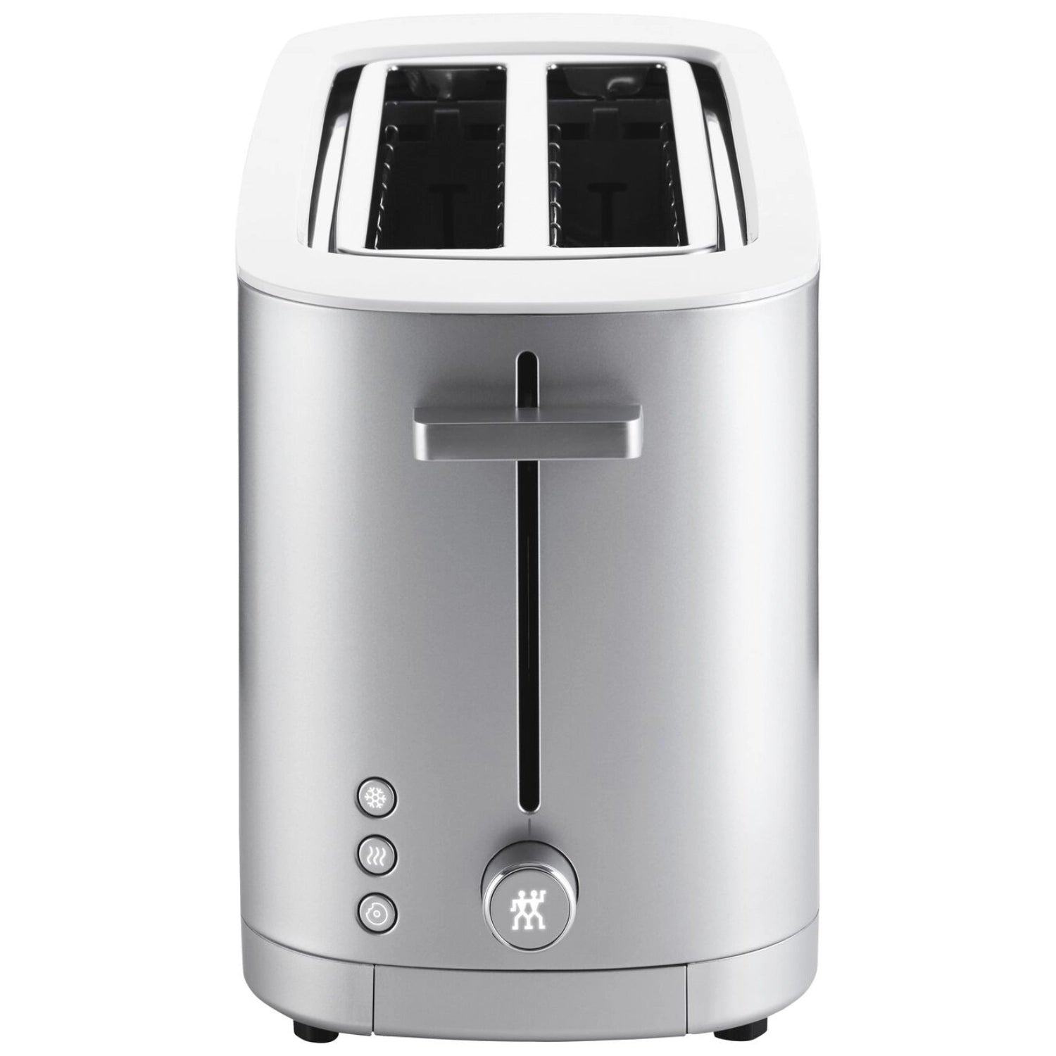 Moderner Zwilling Kitchen Enfinigy Toaster 2x4 in Silber, ausgestattet mit Brötchenaufsatz für knusprige Brötchen und gleichmäßiges Toasten.
