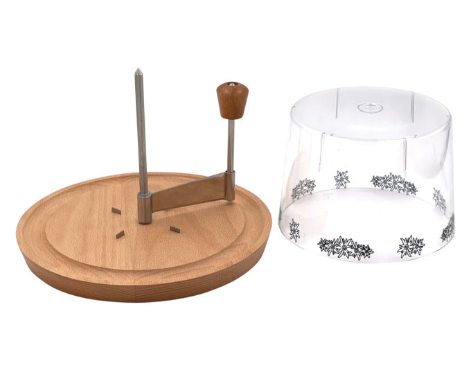 Entdecken Sie das stilvolle HEIDI Käserondell Edelweiss mit Glocke und Buchenholzteller. Ideal für elegante Käsepräsentationen!