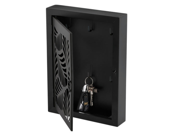Entdecken Sie den ZELLER Schlüsselkasten Leaves aus robustem Metall in elegantem Schwarz. Mit 6 Haken und modernem Blattdesign für Ordnung und Stil.