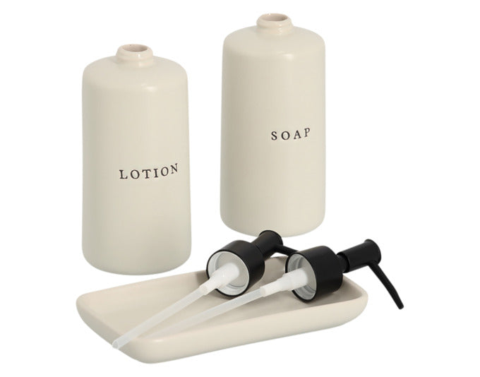 Elegantes 3-teiliges Seifenspender Set aus cremefarbener Keramik von ZELLER PRESENT. Ideal für Badezimmer und Küche, praktisch und stilvoll.