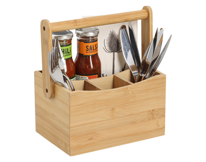 Entdecken Sie den ZELLER Besteck- und Serviettenhalter aus Bambus – stilvoll, nachhaltig und praktisch mit Tragegriff für jeden Anlass.