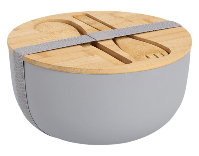 Praktische Salatschüssel aus Kunststoff mit Bambusdeckel und Besteck, 3-teilig, grau, ø 23.5x12.5 cm, ideal für frische Salate.