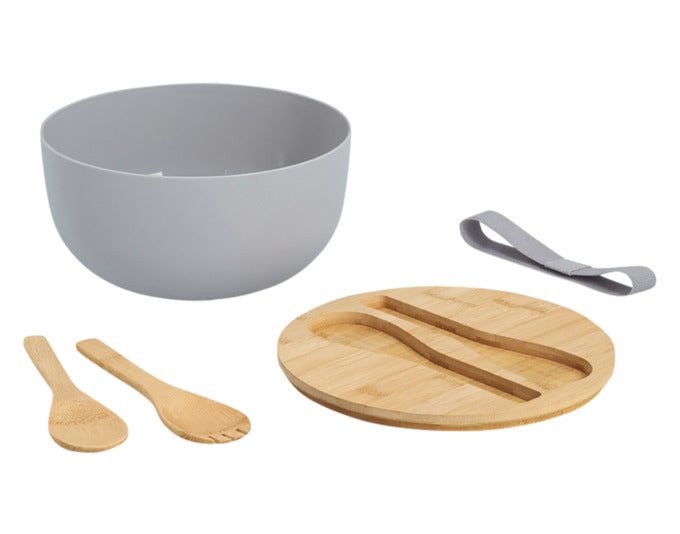 Nachhaltige 3-teilige Salatschüssel aus Bambus und Kunststoff, inkl. Deckel und Besteck, perfekt für frische Salate und stilvolles Servieren.