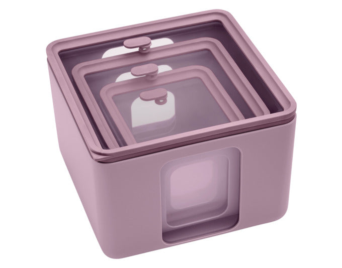 Entdecken Sie das BLIM PLUS Vorratsdosen Set Quadro Combo XS-S-M in elegantem Mauve. Ideal für eine organisierte Küche, umweltfreundlich und praktisch!