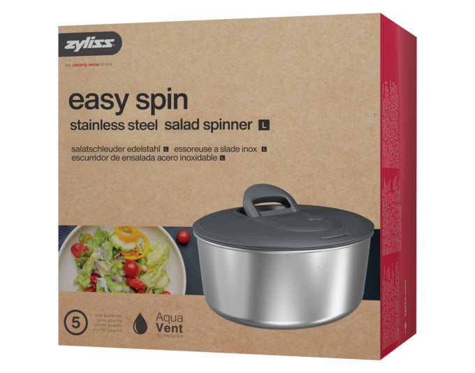 Entdecken Sie die ZYLISS Salatschleuder Easy Spin Edelstahl L ø 26 cm – ideal für frischen Salat! Effizientes Trocknen, hochwertiges Design und platzsparend.