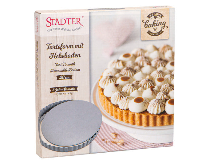 Entdecken Sie die STÄDTER Tarteform mit Hebeboden (ø 20x2.2 cm) – ideal für perfekte Tartes und Quiches. Hochwertige Antihaftbeschichtung für müheloses Backen!