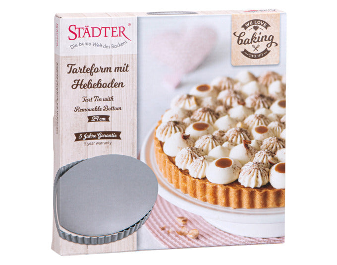 Entdecken Sie die STÄDTER Tarteform mit Hebeboden (ø 24x2.2 cm) – ideal für perfekte Tartes und Quiches. Hochwertige Antihaftbeschichtung für müheloses Backen!