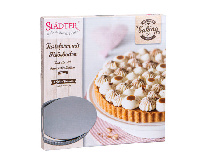 Entdecken Sie die STÄDTER Tarteform mit Hebeboden (ø 28x2.2 cm) – ideal für perfekte Backergebnisse und stilvolles Servieren Ihrer Tartes.