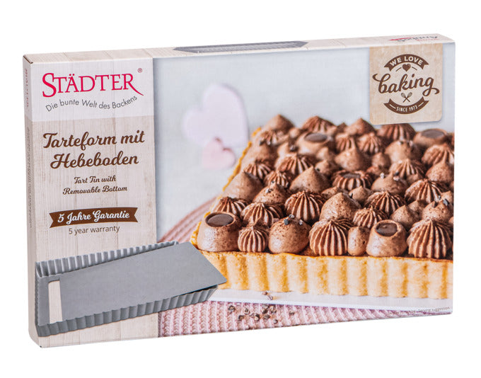 Entdecken Sie die STÄDTER Tarteform mit Hebeboden (28x18x3 cm) – ideal für perfekte Tartes und Quiches. Hochwertige Antihaftbeschichtung für müheloses Lösen!