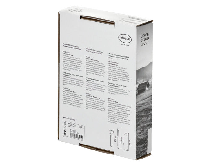 Entdecken Sie das RÖSLE Gemüsehelfer Set 3-teilig – Ihr perfekter Küchenpartner für müheloses Schälen, Schneiden und Pressen von Gemüse und Kräutern.