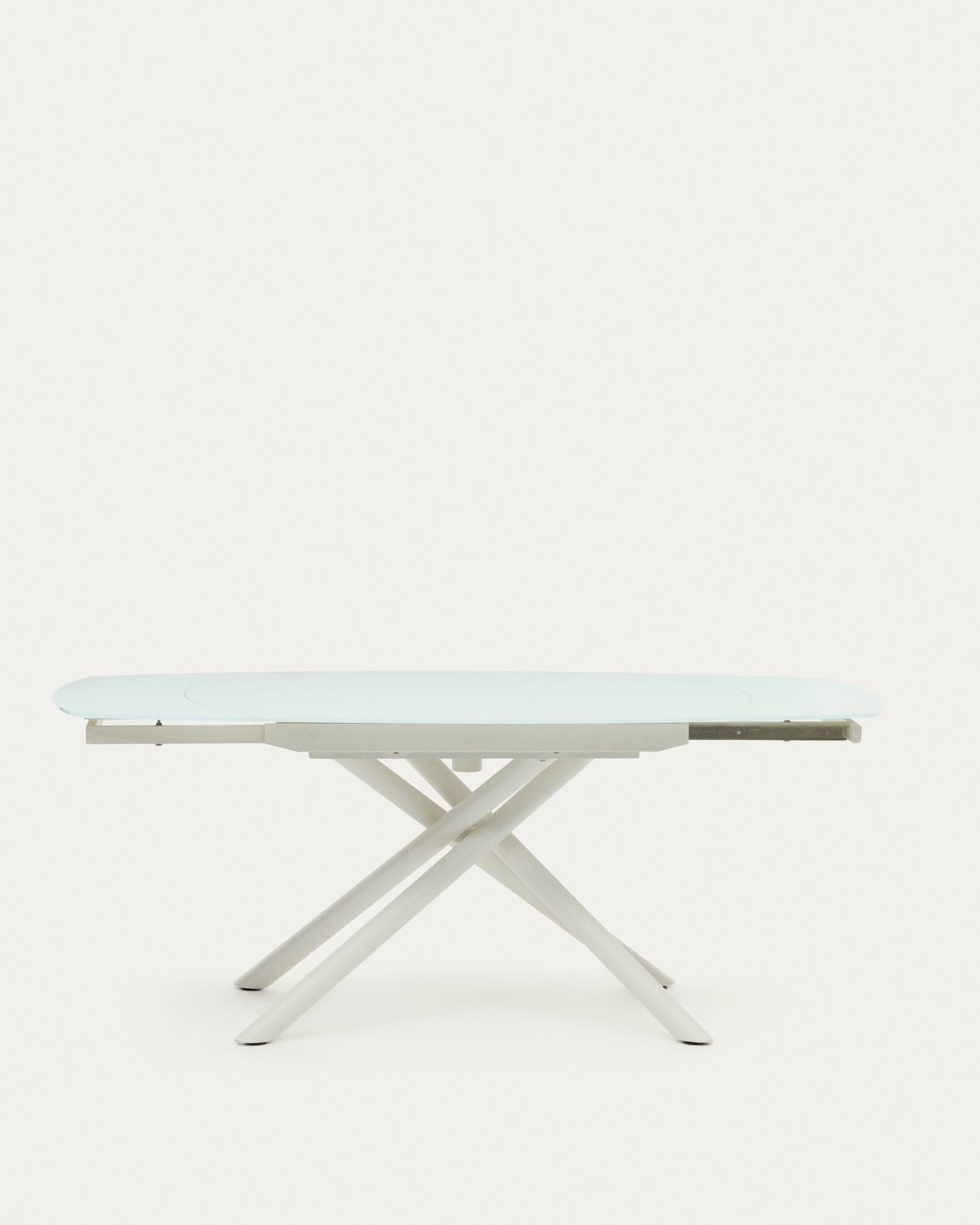 Eleganter Yodalia Ausziehtisch mit robustem Glas und weissen Stahlbeinen, 130-190x100 cm, perfekt für moderne Esszimmer.