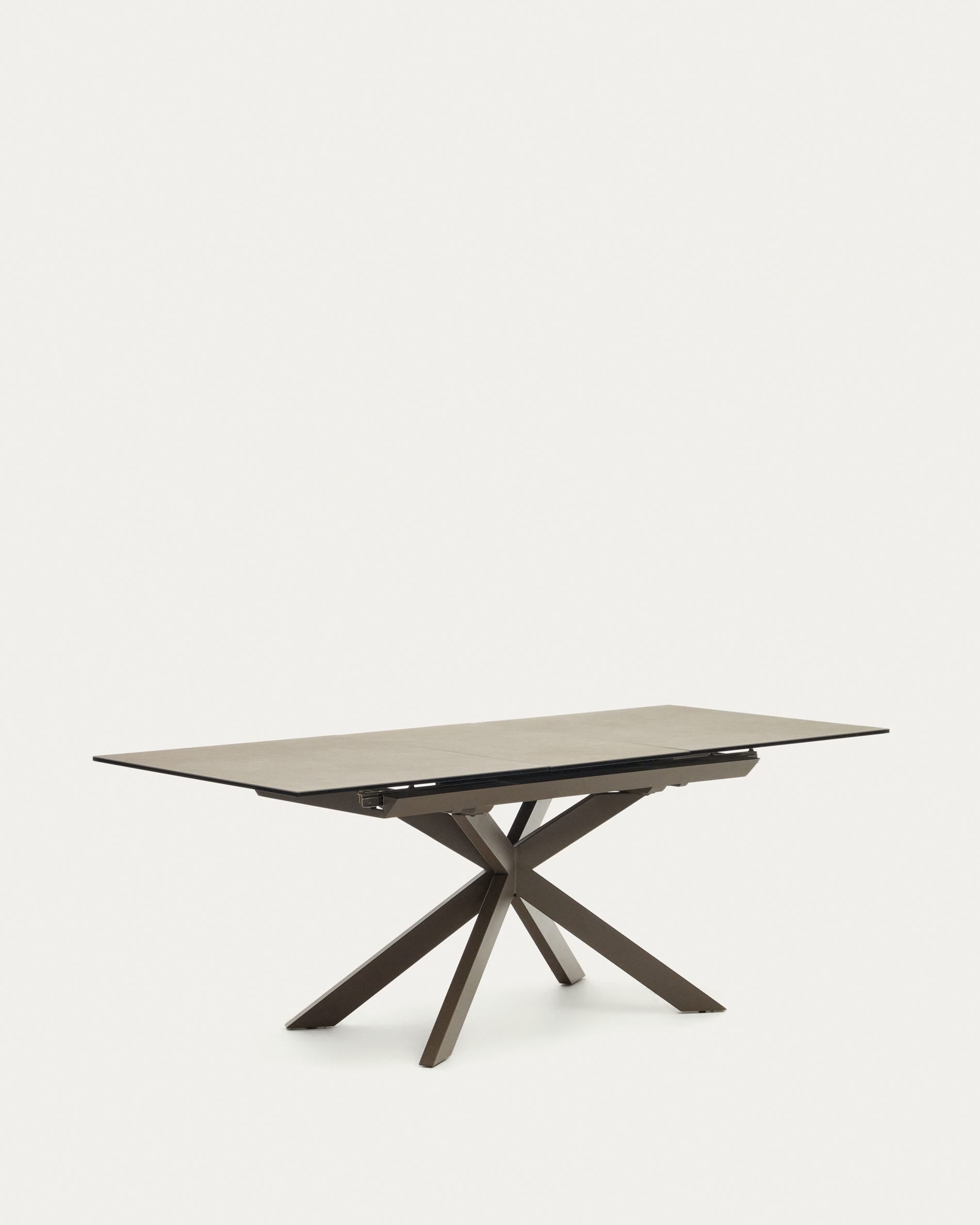 Moderner Atminda Ausziehtisch mit brauner Feinsteinzeugplatte und robusten Stahlbeinen, 160-210x90 cm, ideal für stilvolle Räume.