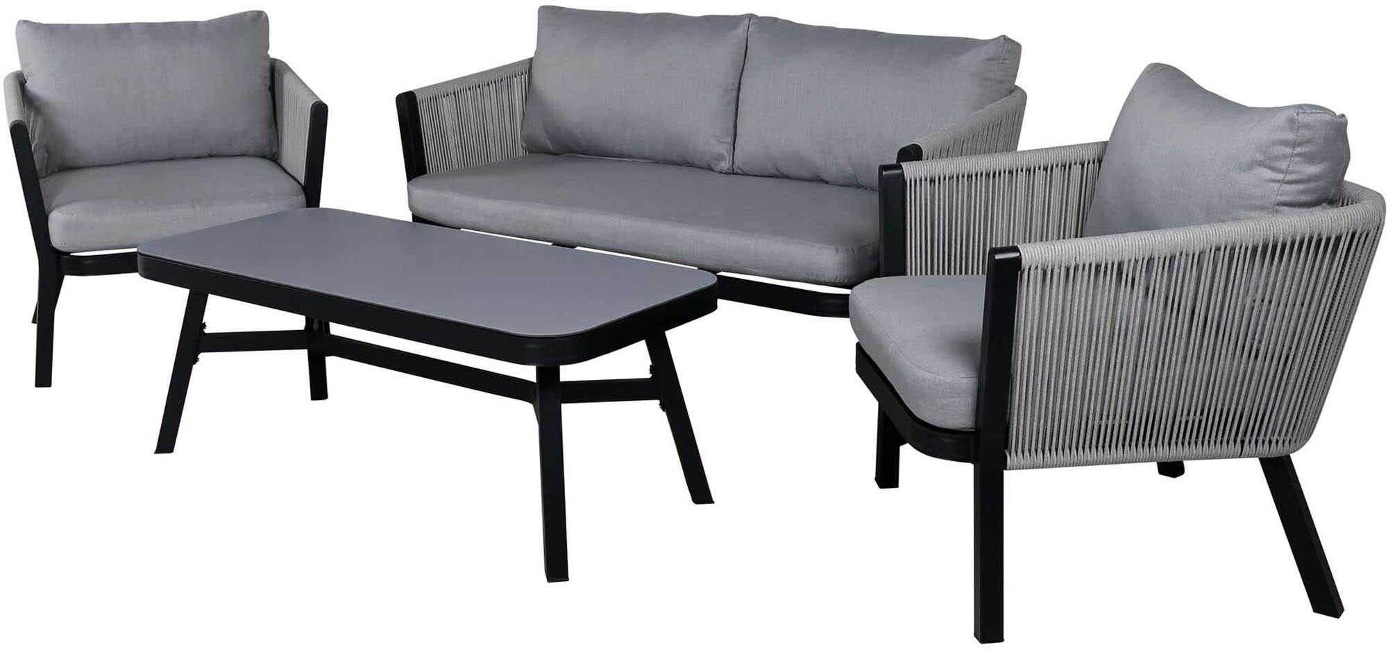 Stylisches Virya Sofa Outdoorset: 120cm, robustes Aluminium, gemütliche Kissen, ideal für entspannte Sommerabende im Freien.
