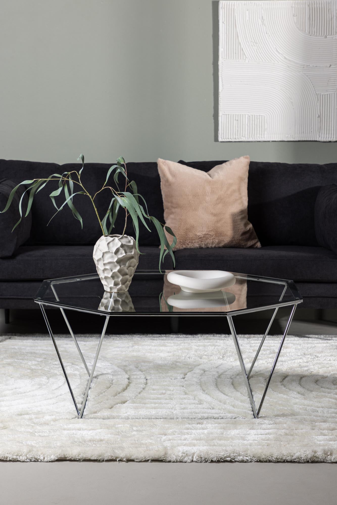 Österlen Coffee Tisch: Modernes Design, 100 cm Durchmesser, Stahlgestell, Glasoberteil, elegant, stabil, pflegeleicht.