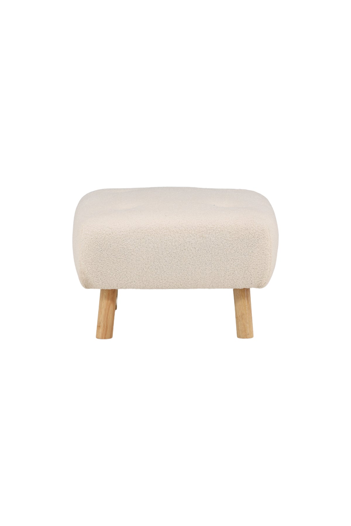 Pouf Salina von Venture Home in Weiss, runde Form mit Teddy-Stoffbezug und niedrigen Beinen aus Gummibaumholz.