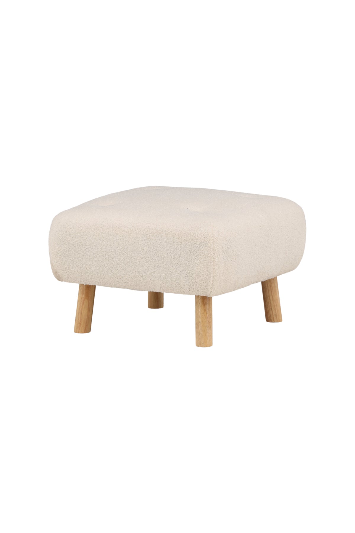 Pouf Salina von Venture Home in Weiss, runde Form mit Teddy-Stoffbezug und niedrigen Beinen aus Gummibaumholz.