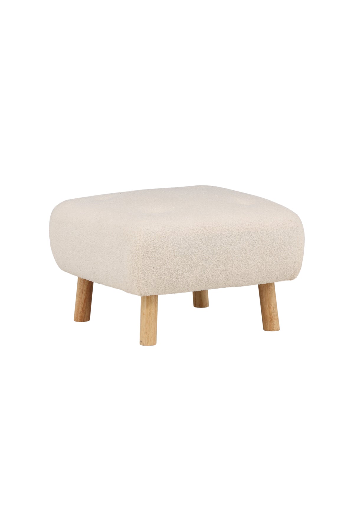 Pouf Salina von Venture Home in Weiss, runde Form mit Teddy-Stoffbezug und niedrigen Beinen aus Gummibaumholz.